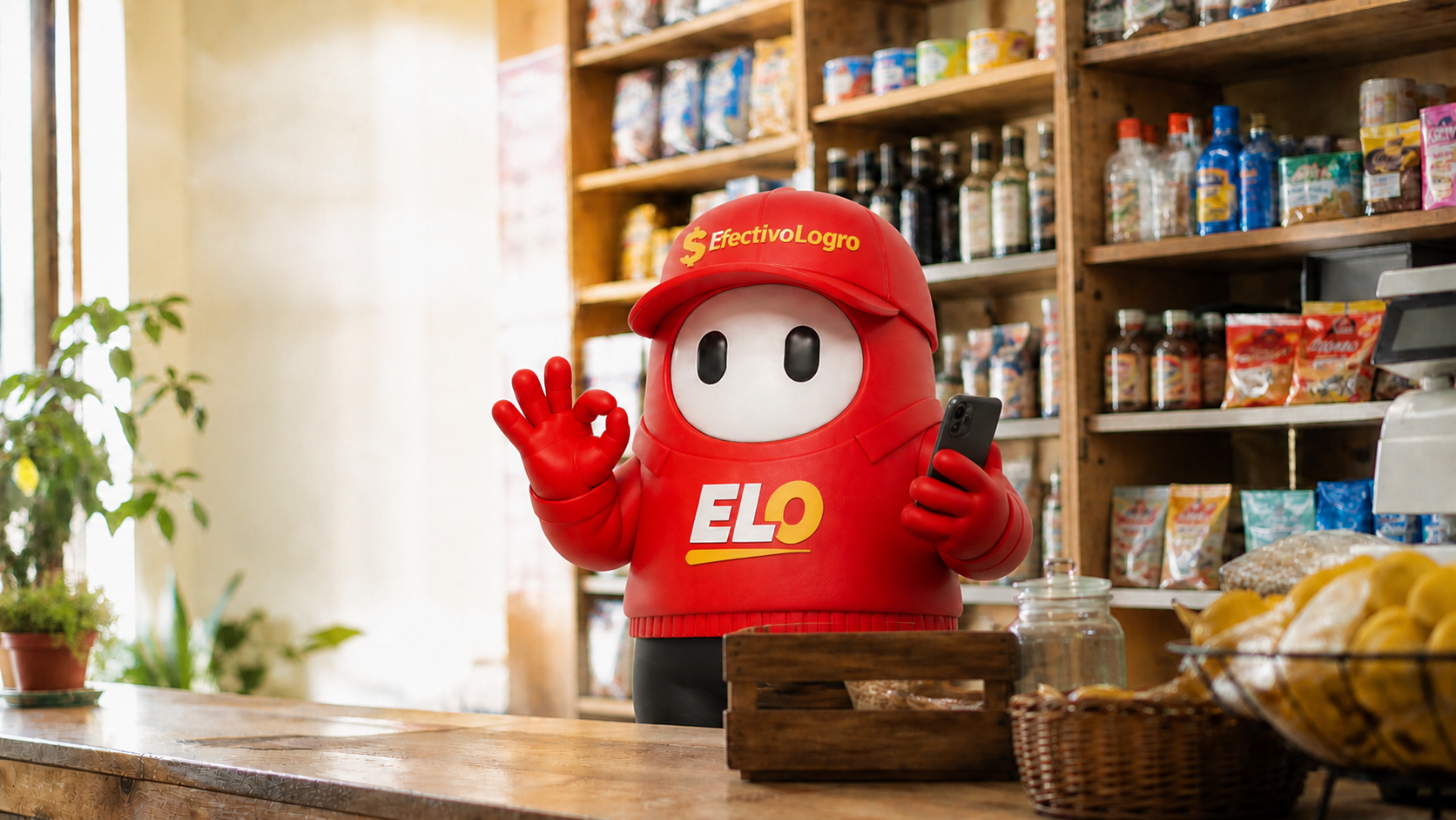 ELO, personaje de EfectivoLogro, saludando con un celular dentro de un comercio de barrio
